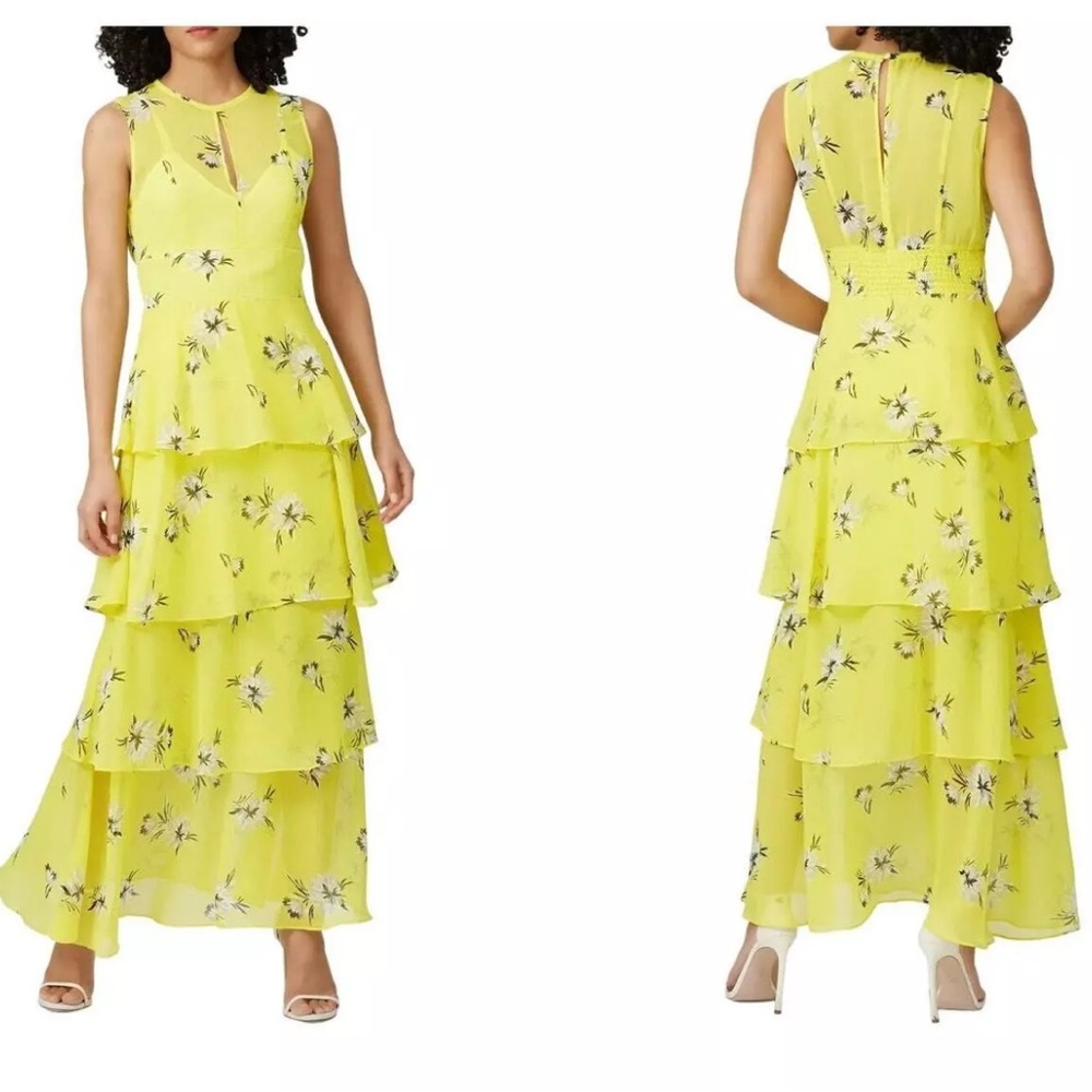 Great Jones Floral Wedding Chiffon Tiered Maxi Dress Sleeveless Yellow Size 4